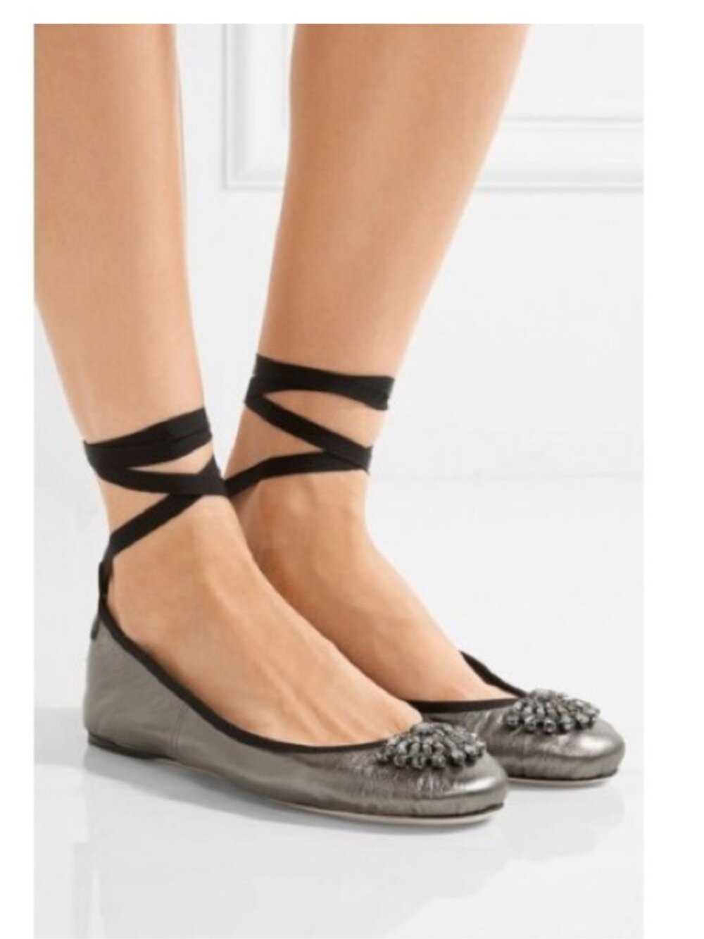 New Jimmy Choo Grace crystal-embellished leather ankle-wrap ballet flats sz 36